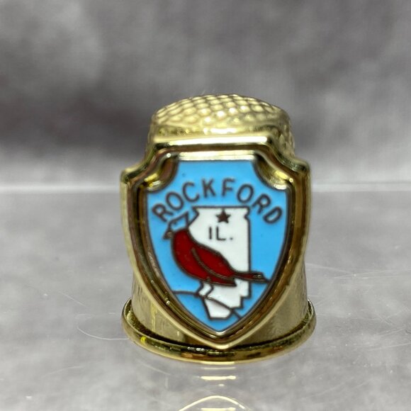 Gold-tone Souvenir Thimble With Rockford IL Cardinal Design Metal Shield - Picture 1 of 7